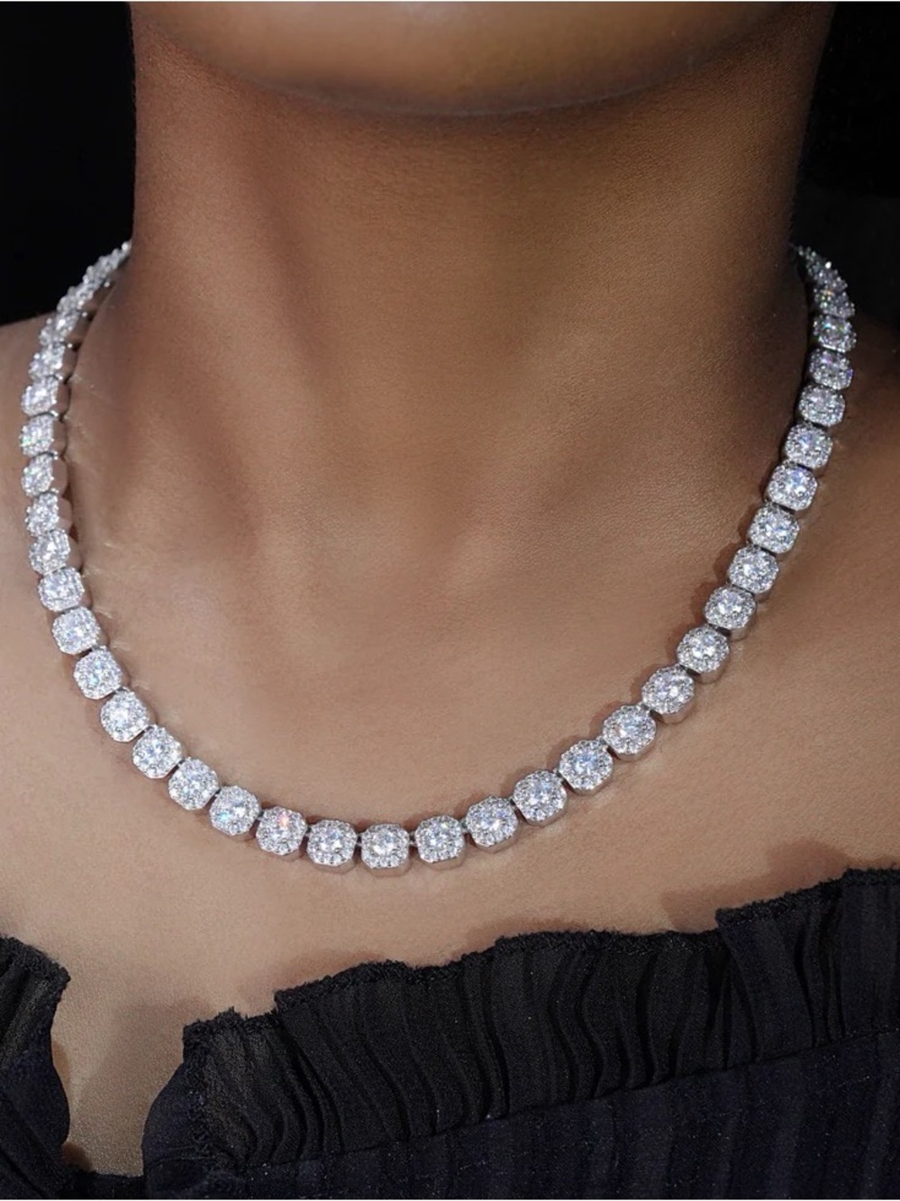 NWT MICRO CLUSTERED TENNIS NECKLACE WHITE GOLD PLATED